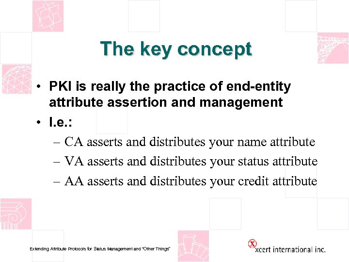 The key concept • PKI is really the practice of end-entity attribute assertion and