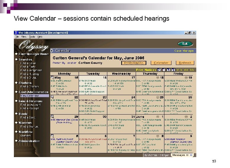 View Calendar – sessions contain scheduled hearings 53 