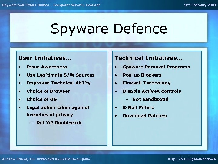 Spyware and Trojan Horses – Computer Security Seminar 12 th February 2004 Spyware Defence