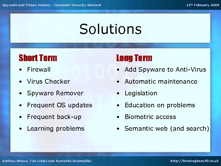 Spyware and Trojan Horses – Computer Security Seminar 12 th February 2004 Solutions Short