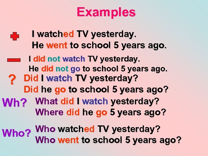 Examples I watched TV yesterday. He went to school 5 years ago. ? I