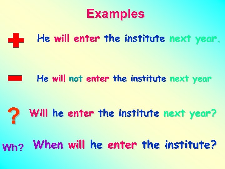 Examples He will enter the institute next year. He will not enter the institute
