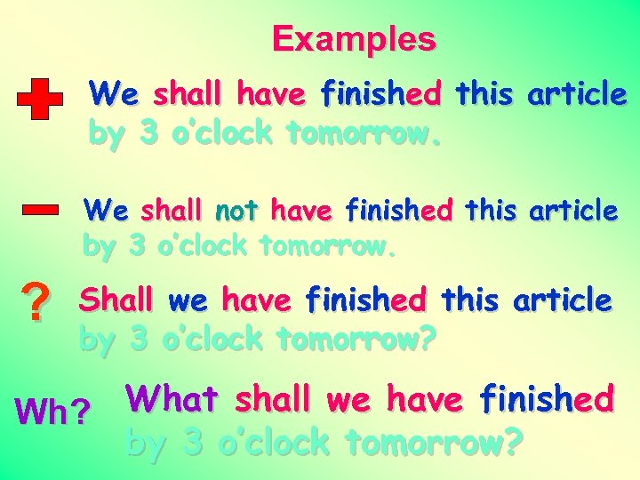 Examples We shall have finished this article by 3 o’clock tomorrow. We shall not