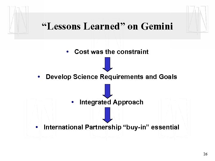 “Lessons Learned” on Gemini • Cost was the constraint • Develop Science Requirements and