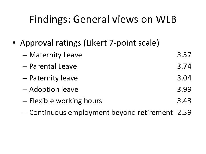 Findings: General views on WLB • Approval ratings (Likert 7 -point scale) – Maternity