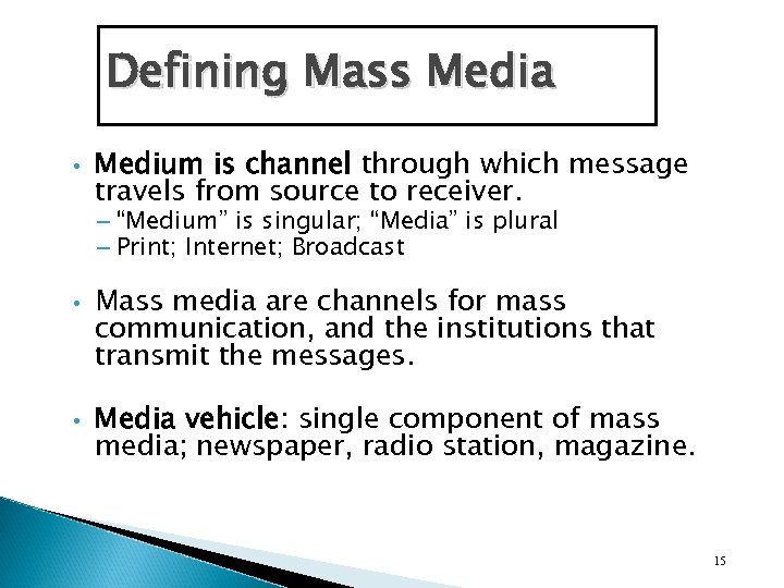 Defining Mass Media • Medium is channel through which message travels from source to