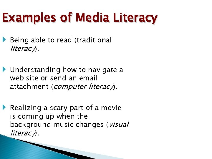 Examples of Media Literacy Being able to read (traditional literacy). Understanding how to navigate
