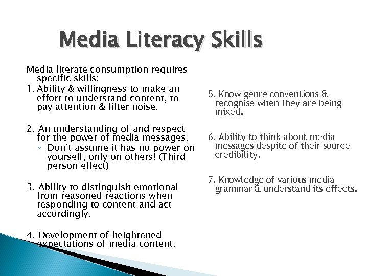 Media Literacy Skills Media literate consumption requires specific skills: 1. Ability & willingness to