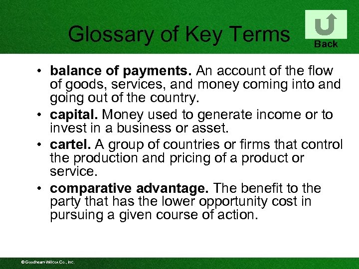 Glossary of Key Terms Back • balance of payments. An account of the flow