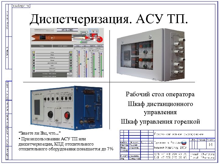 Диспетчеризация. АСУ ТП. Рабочий стол оператора Шкаф дистанционного управления Шкаф управления горелкой “Знаете ли