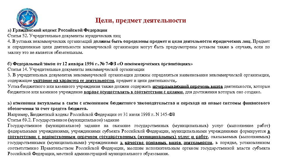 Цели, предмет деятельности а) Гражданский кодекс Российской Федерации Статья 52. Учредительные документы юридических лиц
