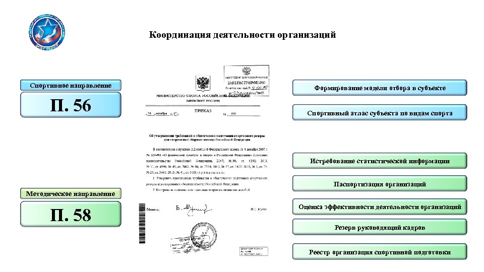 Координация деятельности организаций Спортивное направление Формирование модели отбора в субъекте П. 56 Спортивный атлас