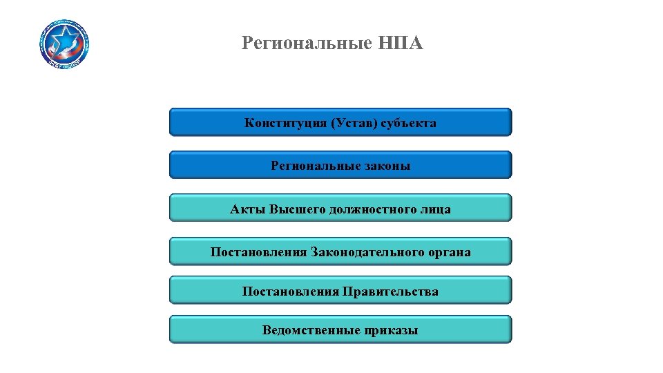 Региональные НПА Конституция (Устав) субъекта Региональные законы Акты Высшего должностного лица Постановления Законодательного органа