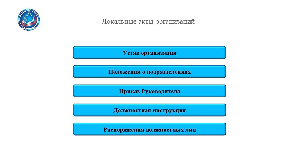 Локальные акты организаций Устав организации Положения о подразделениях Приказ Руководителя Должностная инструкция Распоряжения должностных