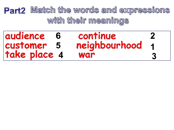 Part 2 Match the words and expressions with their meanings audience 6 customer 5