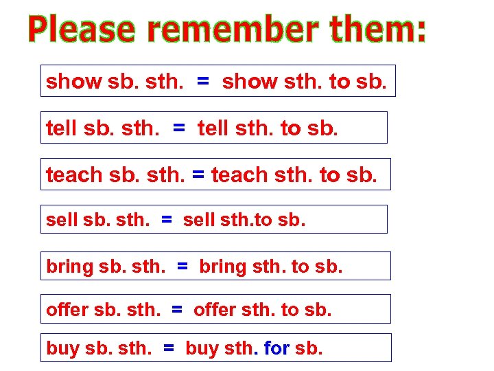 show sb. sth. = show sth. to sb. tell sb. sth. = tell sth.