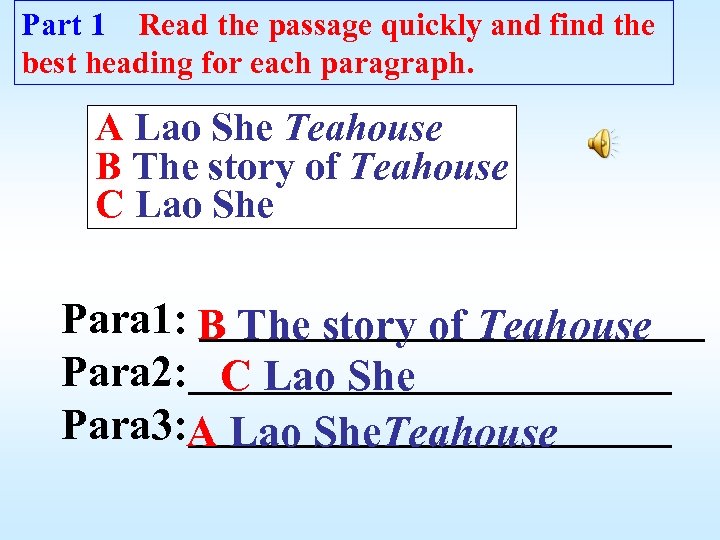 Part 1 Read the passage quickly and find the best heading for each paragraph.