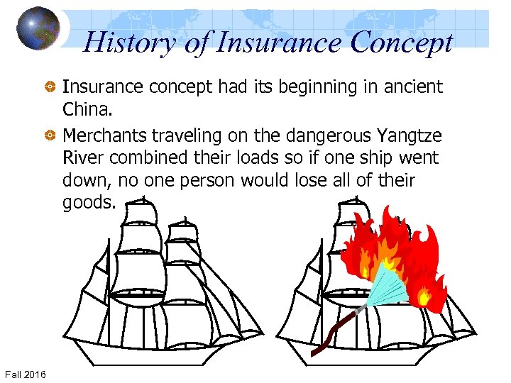 History of Insurance Concept Insurance concept had its beginning in ancient China. Merchants traveling