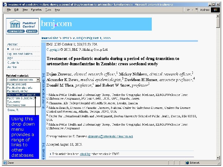 Using this drop down menu provides a range of links to other databases 