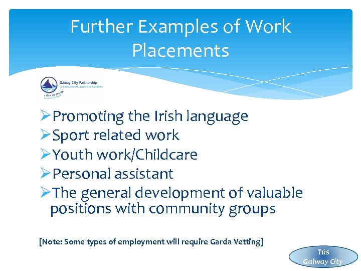 Further Examples of Work Placements ØPromoting the Irish language ØSport related work ØYouth work/Childcare