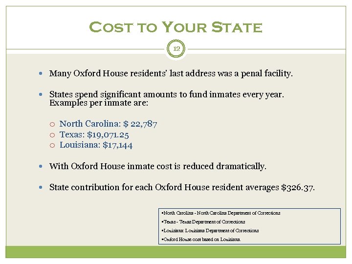 Cost to Your State 12 Many Oxford House residents’ last address was a penal