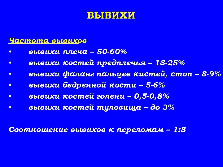 ВЫВИХИ Частота вывихов • вывихи плеча – 50 60% • вывихи костей предплечья –