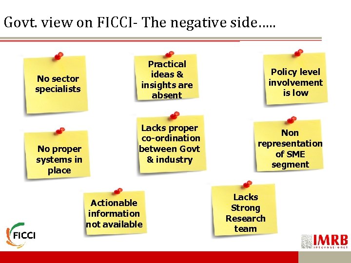 Govt. view on FICCI- The negative side…. . No sector specialists No proper systems