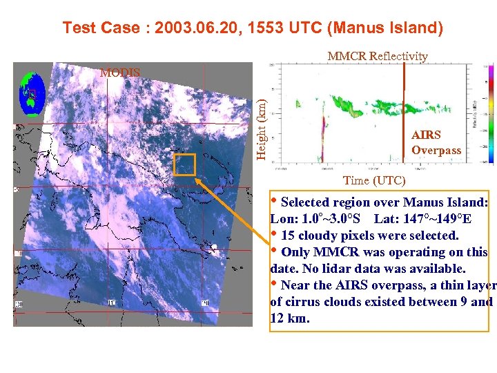 Test Case : 2003. 06. 20, 1553 UTC (Manus Island) MMCR Reflectivity Height (km)