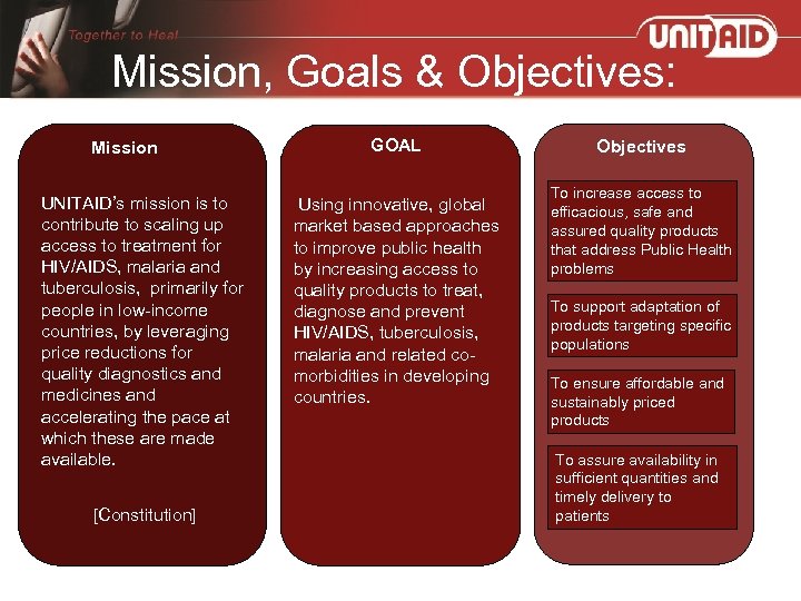 Mission, Goals & Objectives: GOAL Mission UNITAID’s mission is to contribute to scaling up