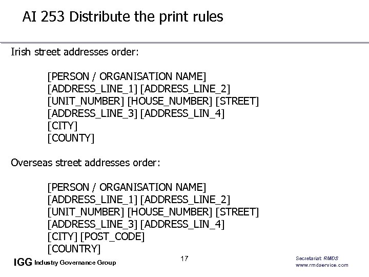 AI 253 Distribute the print rules Irish street addresses order: [PERSON / ORGANISATION NAME]