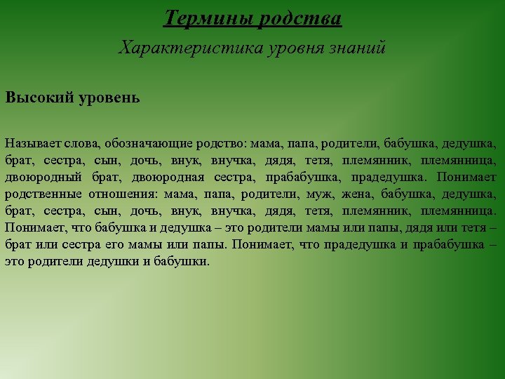 Термины родства Характеристика уровня знаний Высокий уровень Называет слова, обозначающие родство: мама, папа, родители,