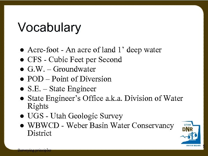 Vocabulary l l l l Acre-foot - An acre of land 1’ deep water