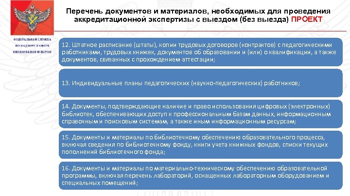 Перечень документов и материалов, необходимых для проведения аккредитационной экспертизы с выездом (без выезда) ПРОЕКТ