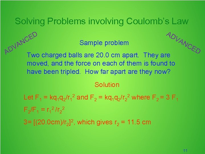 Solving Problems involving Coulomb’s Law AD D VA CE NC Sample problem AN ED