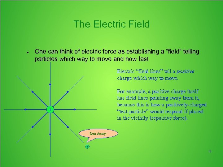 The Electric Field One can think of electric force as establishing a “field” telling