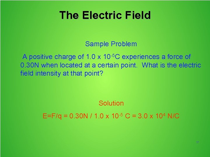 The Electric Field Sample Problem A positive charge of 1. 0 x 10 -5