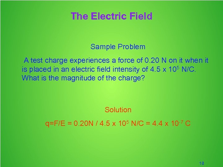 The Electric Field Sample Problem A test charge experiences a force of 0. 20