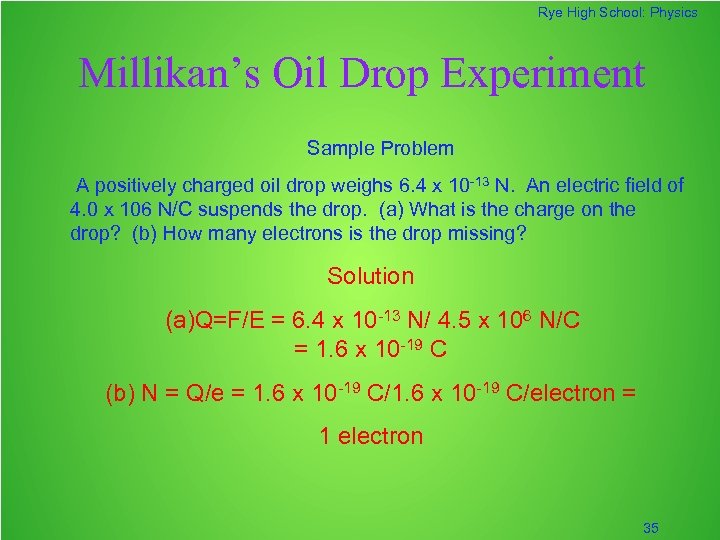 Rye High School: Physics Millikan’s Oil Drop Experiment Sample Problem A positively charged oil