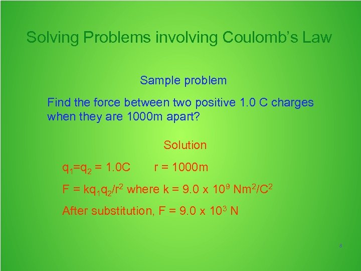 Solving Problems involving Coulomb’s Law Sample problem Find the force between two positive 1.