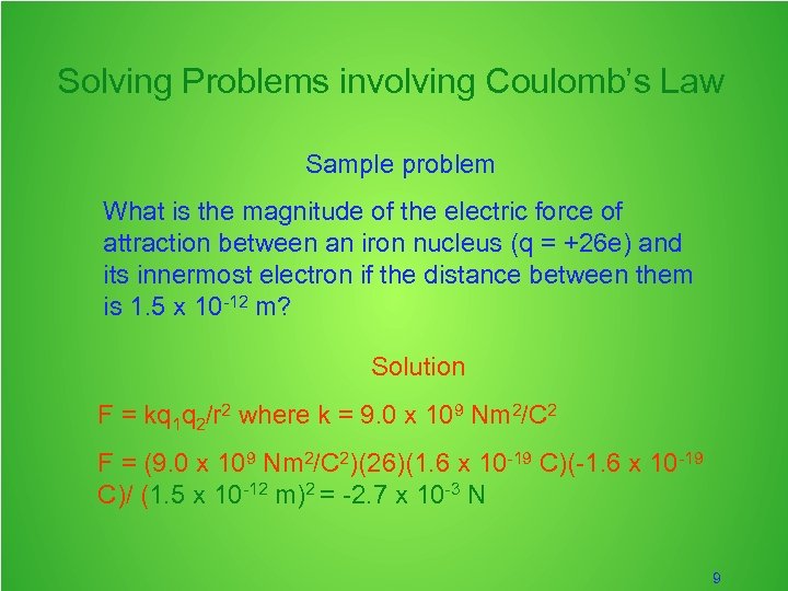 Solving Problems involving Coulomb’s Law Sample problem What is the magnitude of the electric