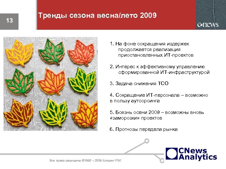 13 Тренды сезона весна/лето 2009 1. На фоне сокращения издержек продолжается реализация приостановленных ИТ-проектов