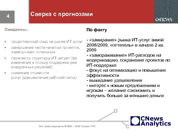 Сверка с прогнозами 4 По факту Ожидалось: • • существенный спад на рынке ИТ-услуг