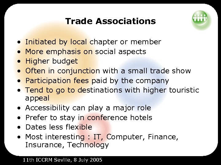 Trade Associations • • • Initiated by local chapter or member More emphasis on