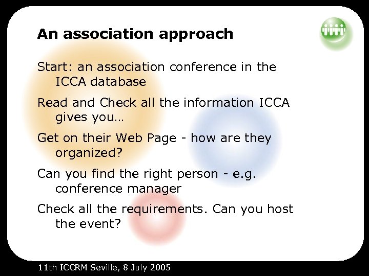 An association approach Start: an association conference in the ICCA database Read and Check