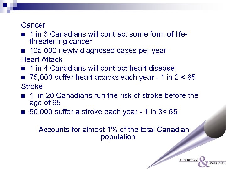 Cancer n 1 in 3 Canadians will contract some form of lifethreatening cancer n