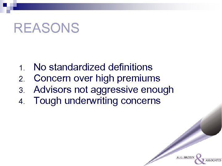 REASONS 1. 2. 3. 4. No standardized definitions Concern over high premiums Advisors not