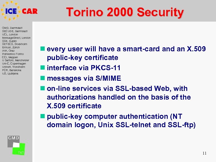 Torino 2000 Security GMD, Darmstadt SECUDE, Darmstadt UCL, London Message. Direct, London SSE, Dublin