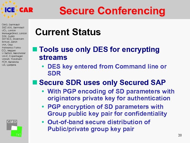 Secure Conferencing GMD, Darmstadt SECUDE, Darmstadt UCL, London Message. Direct, London SSE, Dublin SETECS,