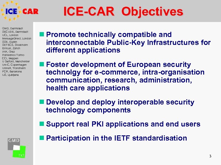 ICE-CAR Objectives GMD, Darmstadt SECUDE, Darmstadt UCL, London Message. Direct, London SSE, Dublin SETECS,