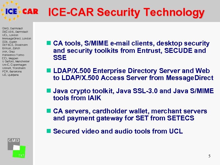 ICE-CAR Security Technology GMD, Darmstadt SECUDE, Darmstadt UCL, London Message. Direct, London SSE, Dublin